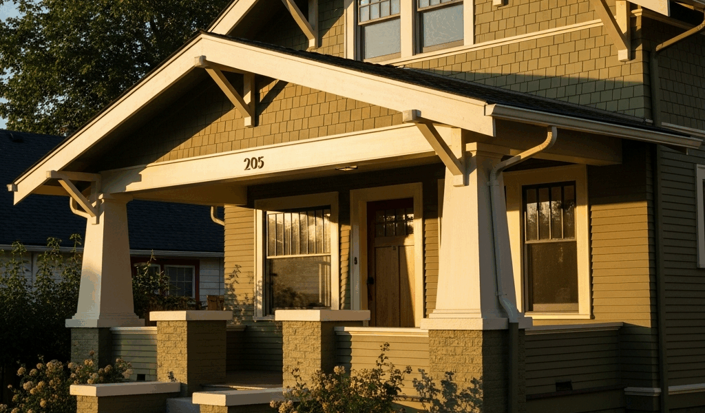 craftsman bungalow exterior painted in warm olive green with 20260331 084651
