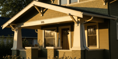 craftsman bungalow exterior painted in warm olive green with 20260331 084651