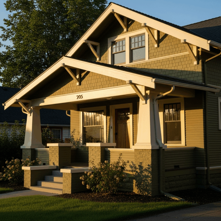 craftsman bungalow exterior painted in warm olive green with 20260331 084651