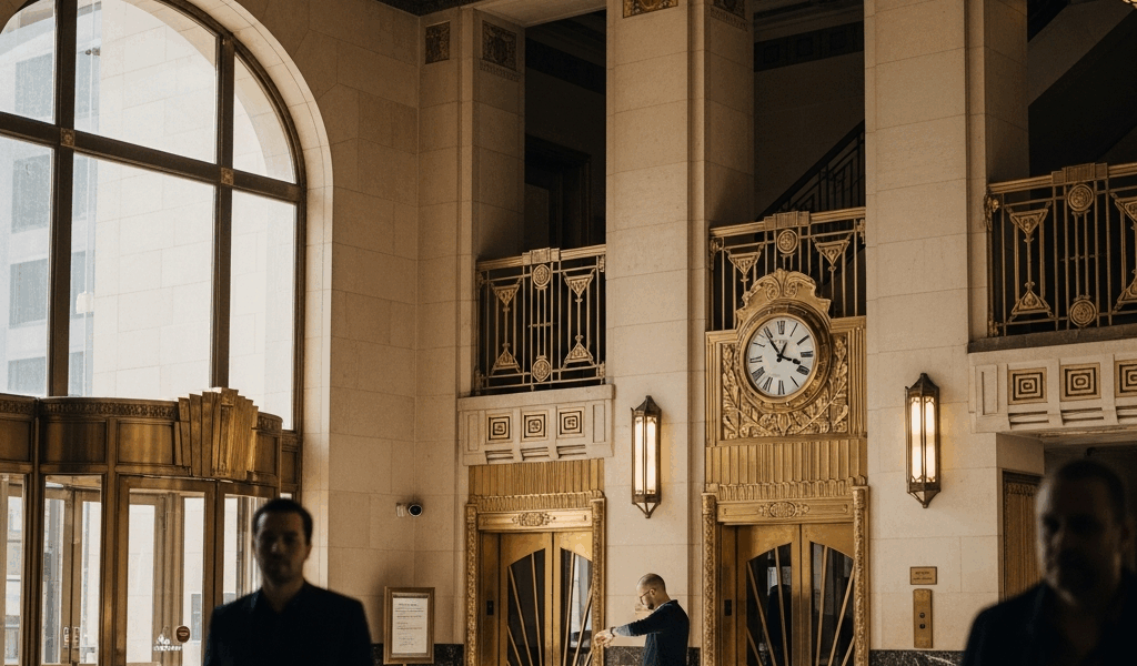 Art Deco lobby interior with ornate ceiling and brass details
