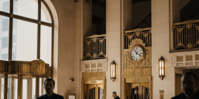 Art Deco lobby interior with ornate ceiling and brass details