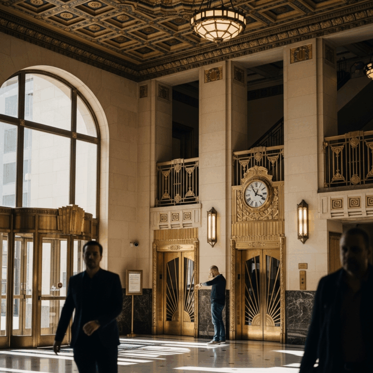 Art Deco lobby interior with ornate ceiling and brass details