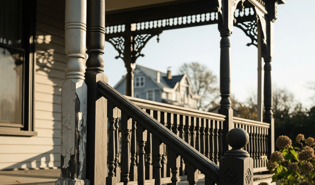Victorian home front porch with ornate wooden railing details