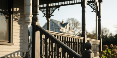 Victorian home front porch with ornate wooden railing details