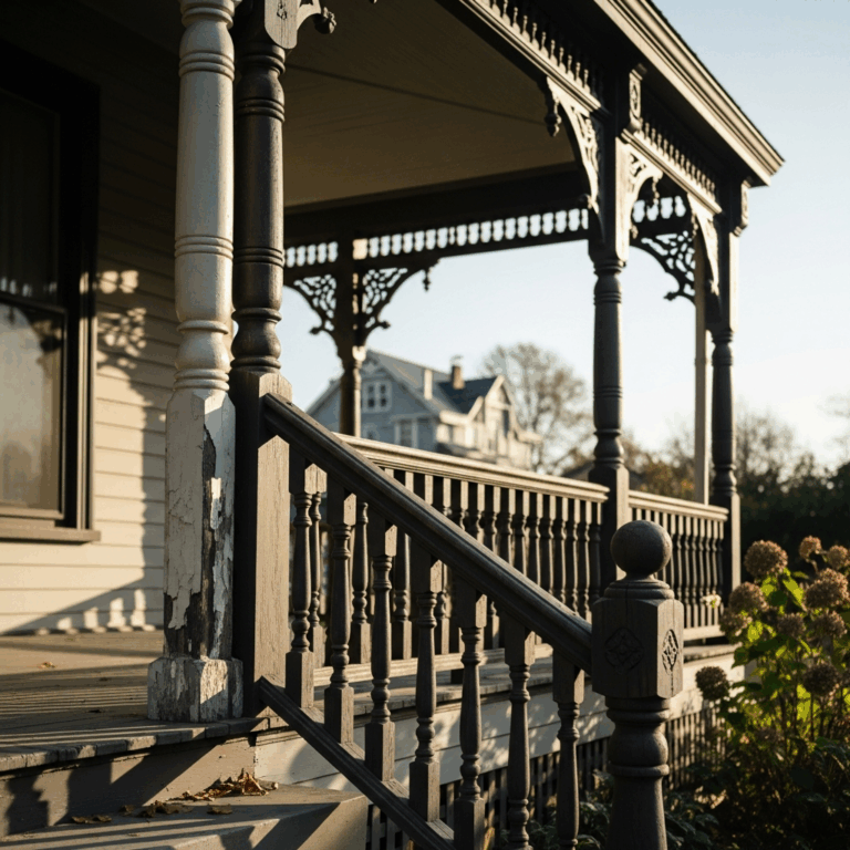 Victorian home front porch with ornate wooden railing details